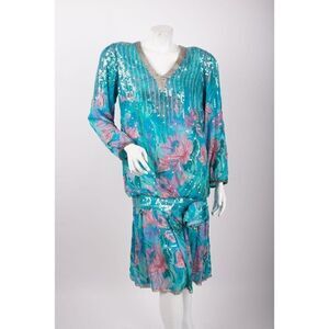 1980s Vintage Dress Sequined Silk Blue Drop waist